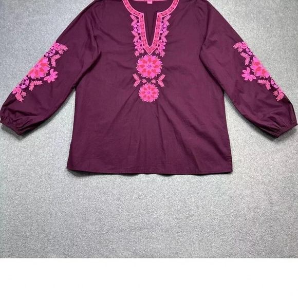 Lilly Pulitzer Coretta Tunic Top Women Medium Maroon Wine Pink Embroidered M - Picture 2 of 8